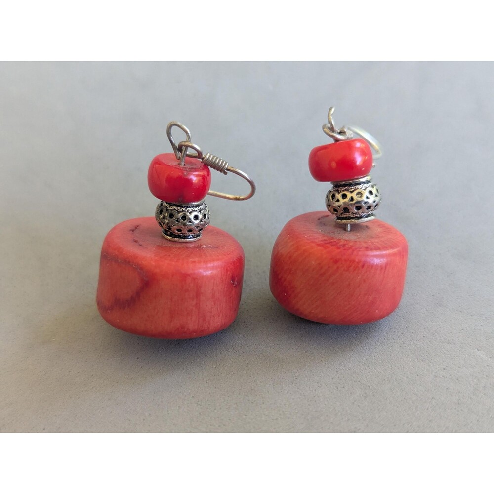 Vintage Red Organic Material Dangle Earrings Artisan Boho Handcrafted Pierced